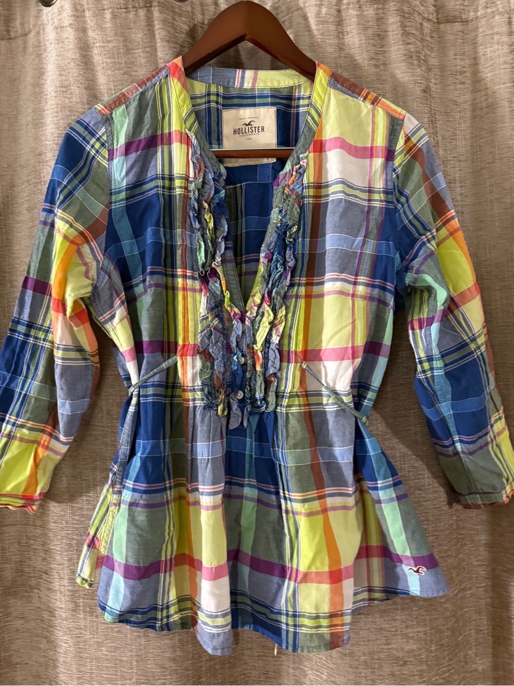 Hollister women Multicolor Plaid Ruffle-Front Tunic - Blue, Yellow, Green